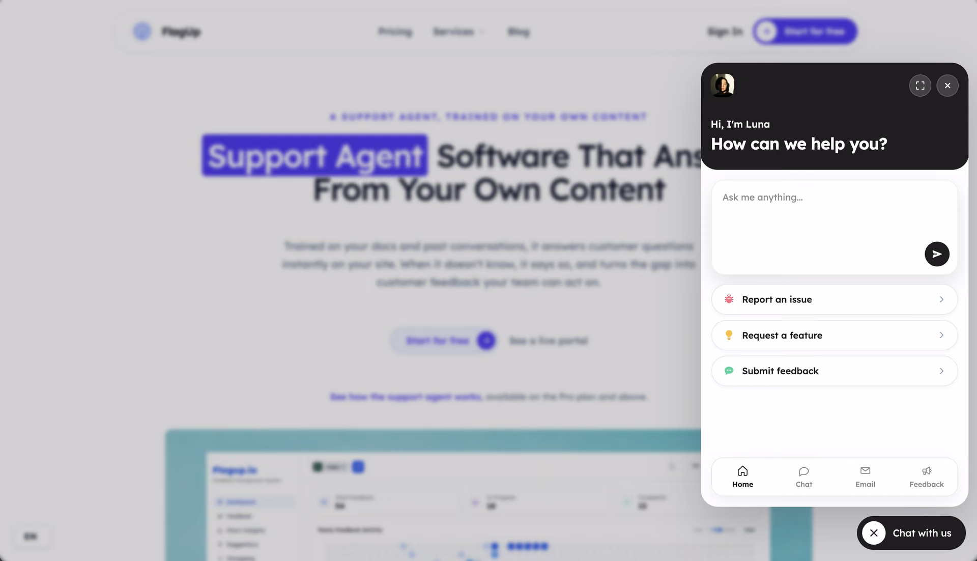 FlagUp support agent widget open on a customer website, greeting the visitor with quick options to report an issue, request a feature, or submit feedback
