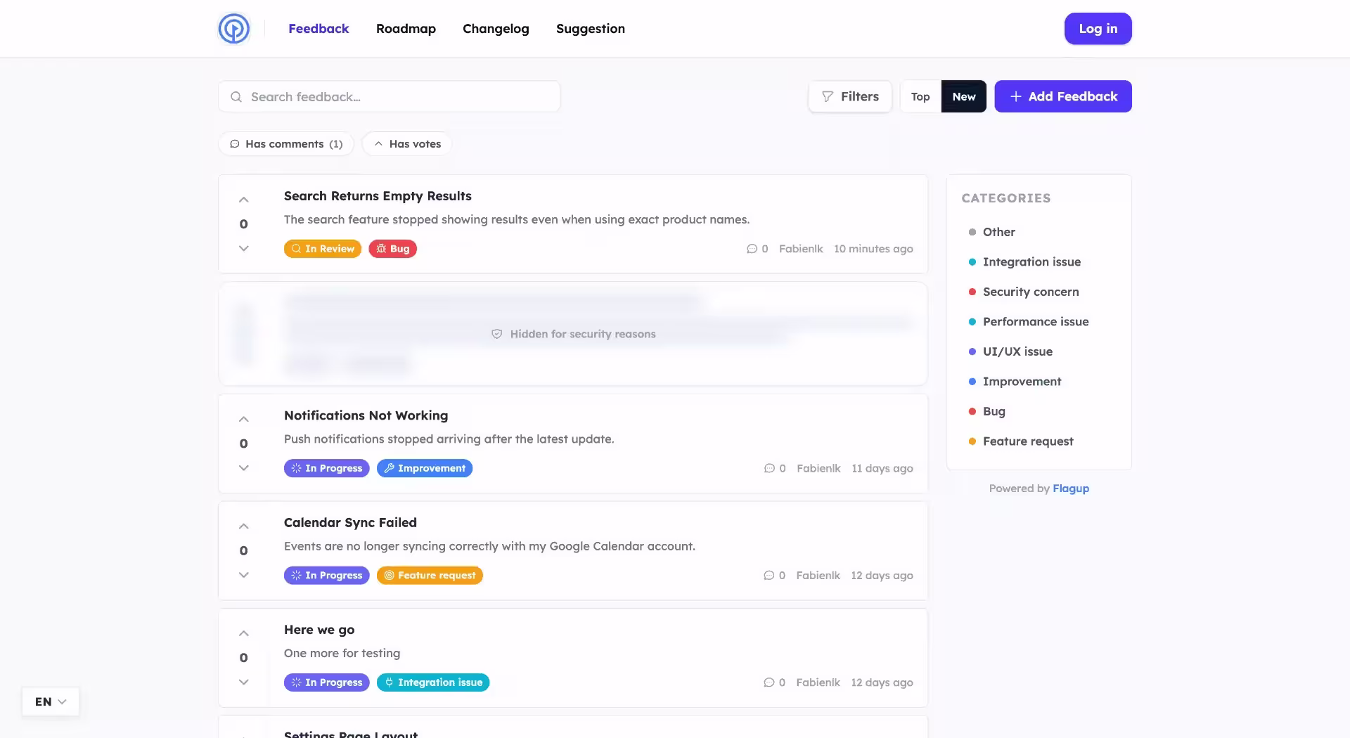 FlagUp public product portal showing a roadmap with votes and feature statuses